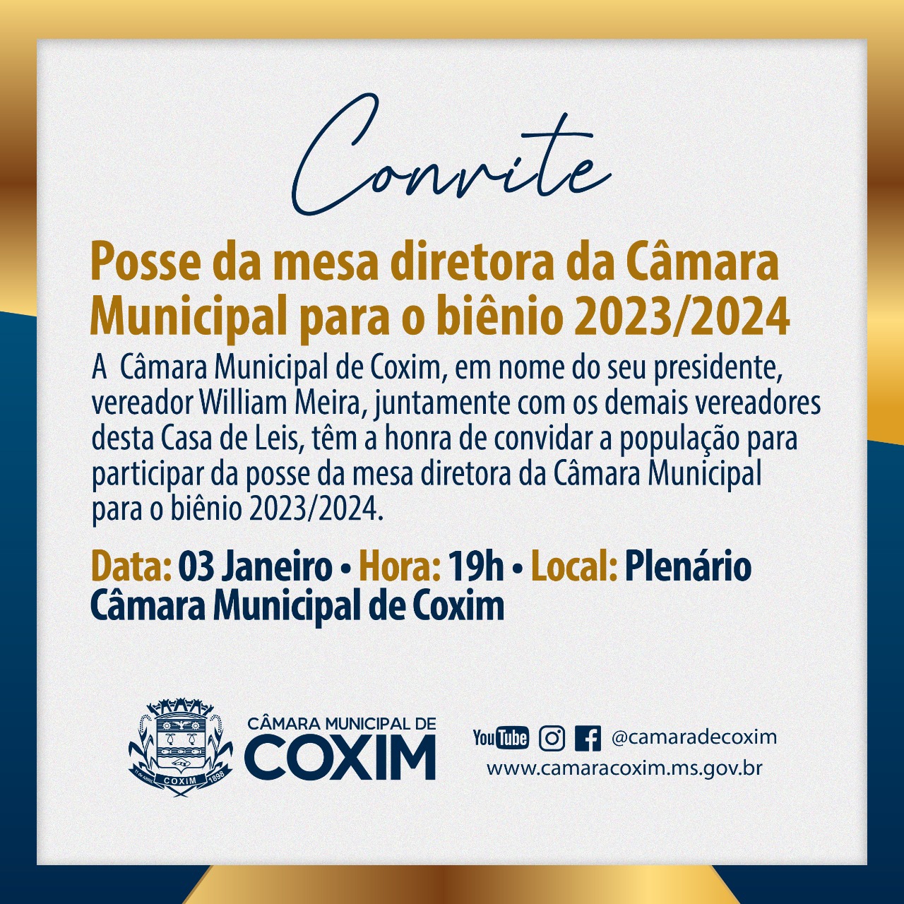 Câmara de Coxim empossa nova mesa diretora para o biênio 2023/2024 nesta terça-feira