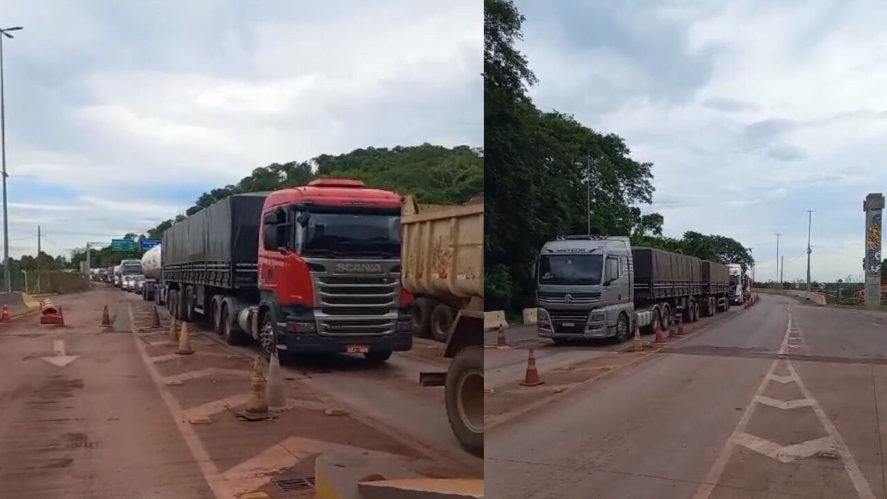 PRF barra carretas bitrem de atravessar ponte sobre o Rio Paraguai em Corumbá