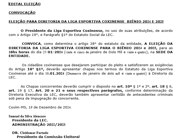 Edital de convocação para eleição para diretoria da Liga Esportiva Coxinense