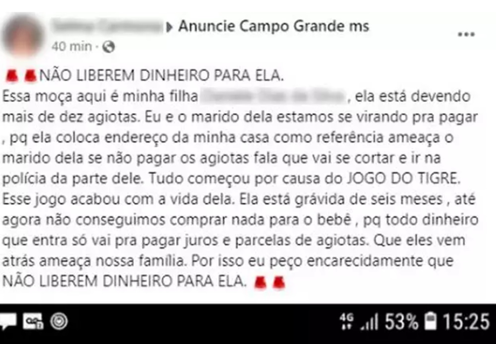 Mãe apela a agiotas para não emprestarem à filha