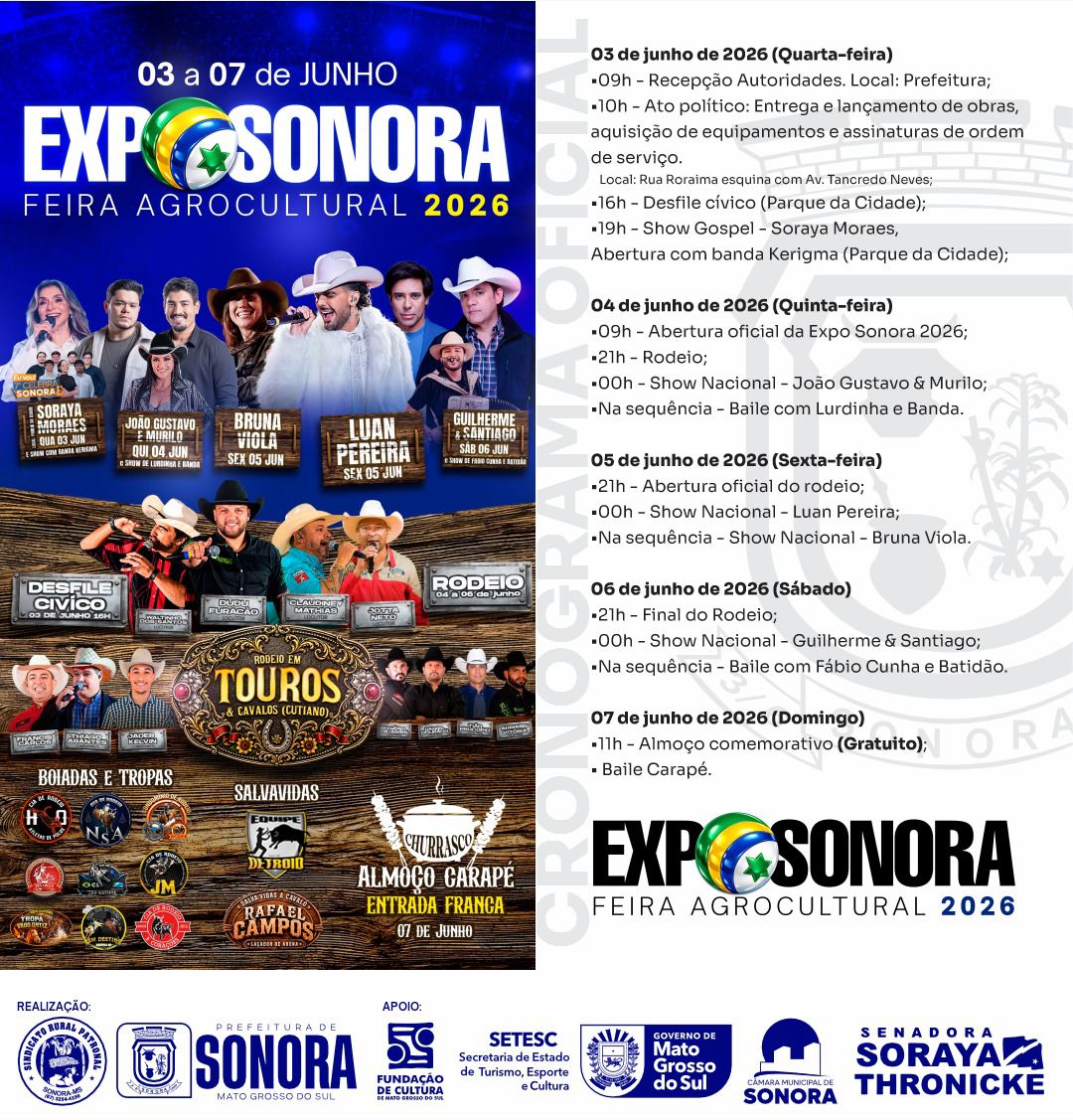 Luan Pereira e Guilherme & Santiago são destaque na ExpoSonora 2026, que terá rodeio e programação especial