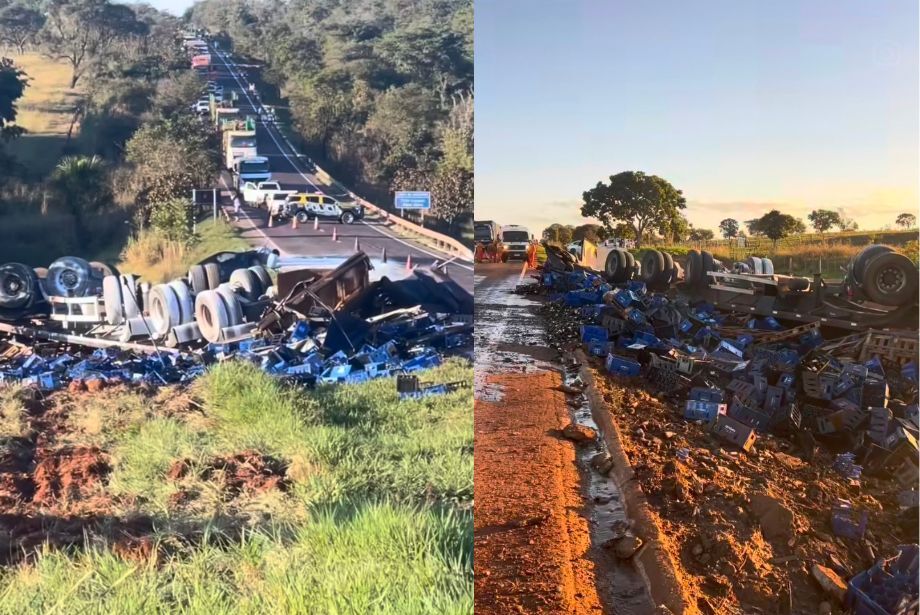 Carreta de cerveja tomba em rodovia, deixa três feridos e um morto na MS-377